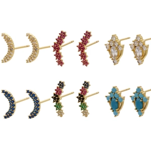 Crescent Moon Flower Star Stud Earrings Copper Zirconia Micro Paved Sparkling Elegant Jewelry For Women