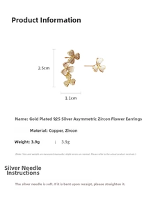 Detailed view of asymmetric zircon flower earrings with 925 silver needles and dimensions