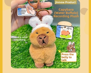 Close-up of brown plush Capybara keychain with white rabbit hat and voice recording feature
