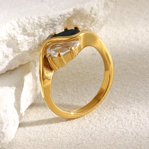 18K gold plated stainless steel ring featuring pear-shaped zircon and blue stone on stone