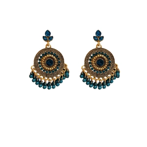 Vintage gold earrings with blue gemstones and floral beads in ethnic tassel design
