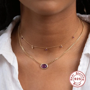 S925 Sterling Silber Doppel-Halskette mit ovalem Amethyst-Anhänger auf Goldkette