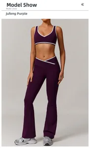 Deep purple yoga set featuring a white trimmed V-neck top and high waist flared leggings