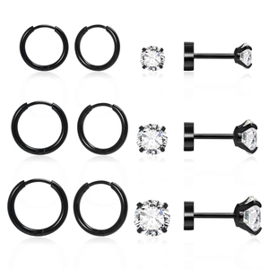 6 pairs of black stainless steel hoop earrings and round cubic zirconia stud earrings set