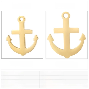 Size chart for stainless steel anchor pendants in gold showing dimensions and weight