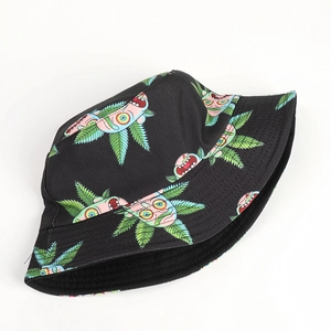 Detail of black cotton bucket hat featuring Rick cartoon and green leaf print