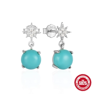 Elegant 925 sterling silver star earrings with green turquoise bead charms for women
