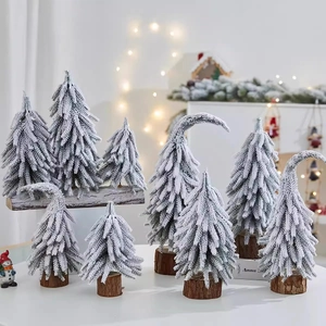 Mini Flocked Christmas Tree Desktop Ornament Wood Base Artificial Snow Covered PE PVC Miniature Holiday Decor Tabletop