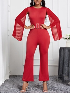 Elegant red jumpsuit for women featuring pleated sleeves and a gold buckle belt detail