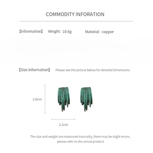 Size chart showing green zircon multi-layer earrings with measurements 2.6cm by 2.1cm