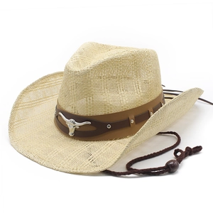 Classic western straw cowboy hat with leather band and metal bull head emblem