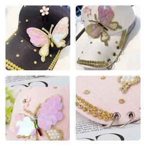 Détails de broderie papillon à paillettes et perles sur diverses casquettes de baseball