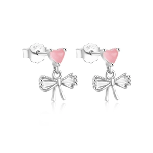 Close-up of S925 silver stud earrings with pink heart and zircon bow detail