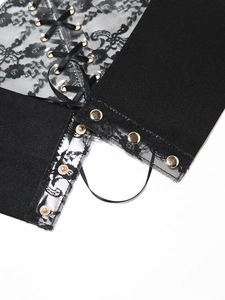 Detailed view of black lace corset belt with cross lacing and gold metal buckles