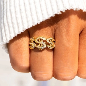 Hip hop style gold dollar sign ring featuring dense zircon micro-paving for men and women