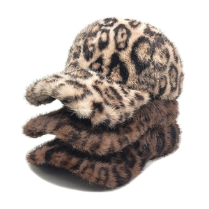 Leopard Print Faux Fur Baseball Cap Women Winter Warm Plush Outdoor Sunshade Adjustable Hat Fashion Ins Style