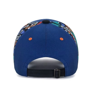 Navy blue cotton baseball cap back view with colorful geometric patterns and adjustable strap