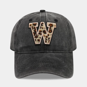 Detail of grey washed cotton baseball cap with leopard print letter W embroidery