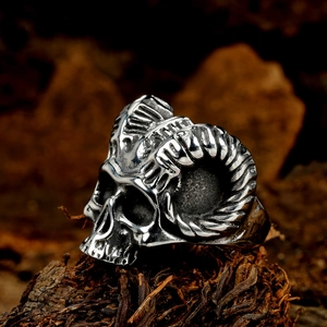 Vintage punk goat horn skull ring in stainless steel with retro silver black finish