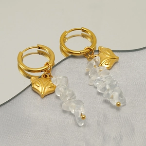 Fashionable titanium steel gold earrings with white crystal beads and small fox charms