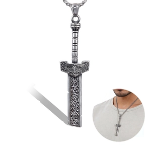 Vintage Stainless Steel Sword Pendant Necklace Norse Viking Engraved Broken Blade Punk Gothic Retro Style Jewelry