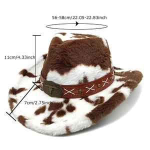 Brown and white cow print western cowboy hat with metal bull head buckle and size markers
