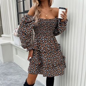 Women Floral Print Mini Dress Off Shoulder Smocked Bodice Long Sleeve Tiered Ruffle Elegant Boho Casual