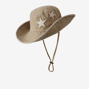 Khaki wide-brim cowboy hat with white stars and adjustable chin strap for sun protection