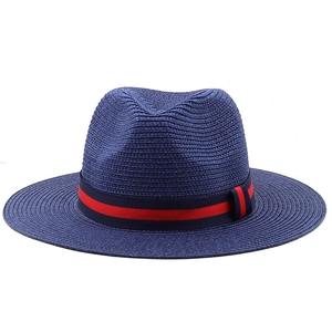 Dunkelblauer Strohhut für Damen und Herren mit rot-blauem gestreiftem Dekoband