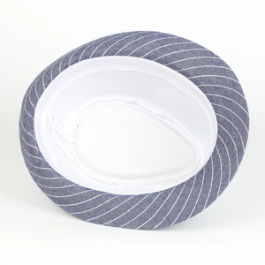 Detailed interior of blue striped fedora showing white lining and size label 58cm