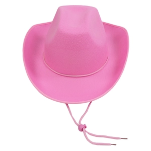 Nahaufnahme eines hellrosa Cowboyhutes aus Filz mit verstellbarem Kinnband in Pink