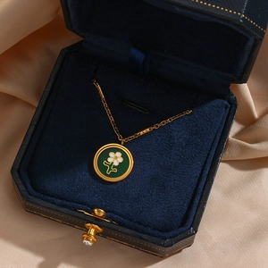 18K gold plated necklace with green enamel flower pendant in a premium velvet gift box