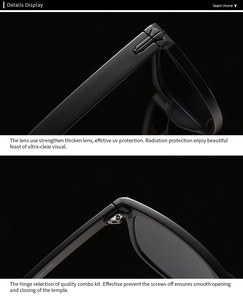 Detail of matte black sunglasses with reinforced metal hinges and smooth mechanism