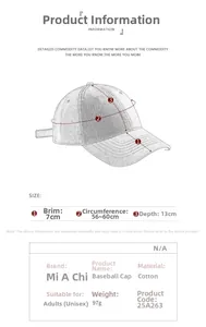 Tableau des tailles détaillé pour casquette en coton montrant visière et circonférence