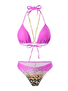 Detail of pink leopard print bikini with golden chain hardware and glitter mesh fabric
