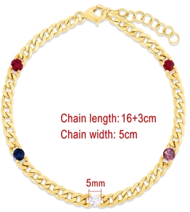 Detail of a gold Cuban link bracelet featuring colorful gemstones and 16+3cm chain dimensions