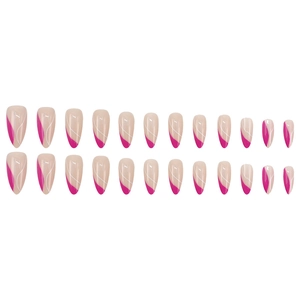 French tip almond press-on nails with hot pink geometric lines and 24-piece size set