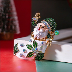 Sparkling Santa in Christmas stocking brooch with colorful rhinestones and gold finish