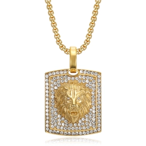 Collier pendentif tête de lion en acier inoxydable doré hiphop avec diamants sertis