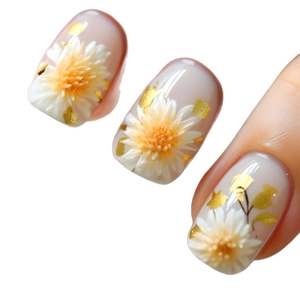 Short square press-on nails with white daisies, gold foil, and translucent pink base