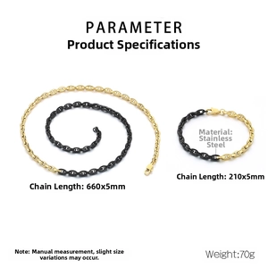 Macro shot of two-tone stainless steel chain necklace and bracelet set with dimensions