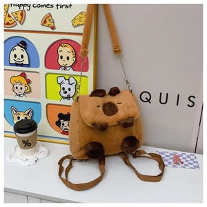 Detail view of plush Capybara backpack featuring adjustable straps and soft texture