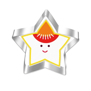 Close-up of star-shaped stainless steel cookie cutter with colorful cartoon faces