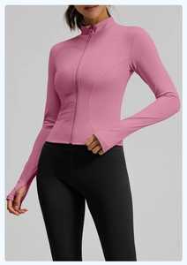 Slim fit rose pink yoga jacket with full zipper and thumb holes for running