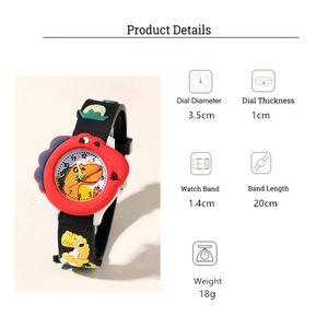 Detailed view of children's watch with yellow dinosaur design and soft red silicone bezel