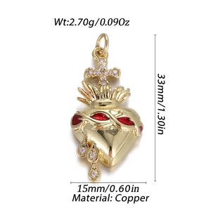 Detailed view of a gold sacred heart pendant with dimensions and copper material specs