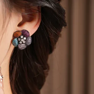 Vintage silver needle colorful zircon flower earrings with a luxury crystal center