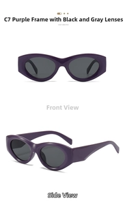 Front and side view of purple oval sunglasses with dark grey lenses in minimalist style