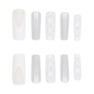White bridal press-on nails with pearl, floral accents and silver glitter finish