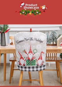 Close-up of burlap Christmas chair cover with festive Gnomes and buffalo check border